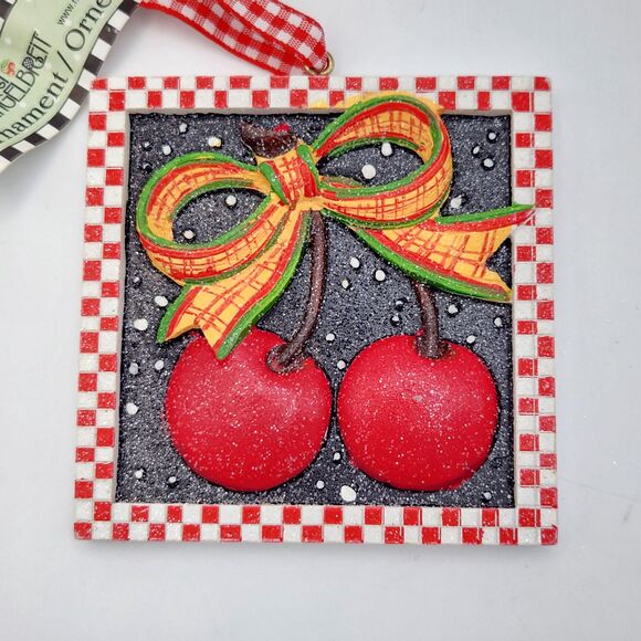 Mary Engelbreit Christmas Ornaments Glitter Red Check Frame Snowman Cherries - Picture 3 of 4